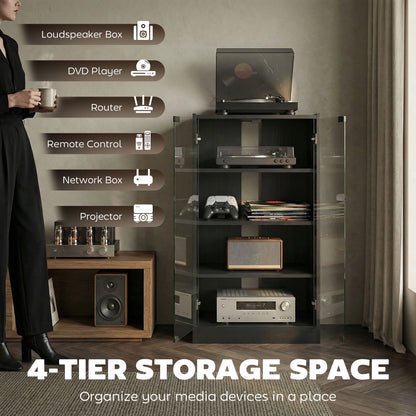 4-Tier Hi-Fi Stand, Record Player Stand with Adjustable Shelves and Push-to-Open Glass Doors, Black Wood-Effect