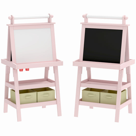 3 in 1 Kids Easel Double-Sided Magnetic Whiteboard and Chalkboard with Paper Roll, Storage Baskets - Pink