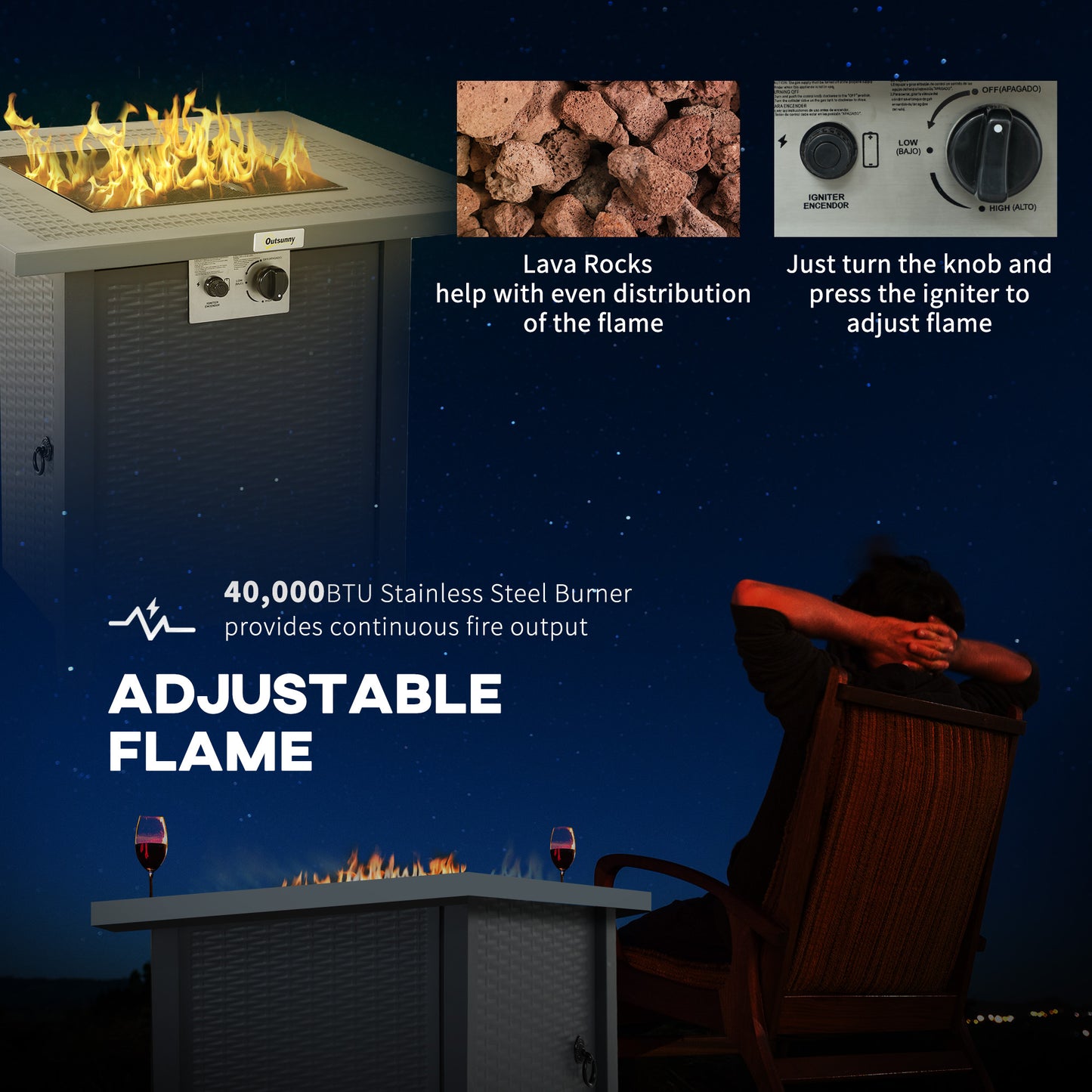 71 x 71cm 40000 BTU Gas Firepit Table - Black/Dark Grey