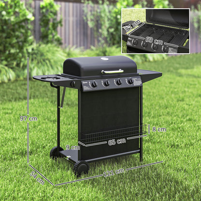 4+1 Burner Gas BBQ Grill, Portable Gas Barbecue Grill with Built-in Thermometer, Lid, Side Table, Shelf, Spice Rack, Wheels