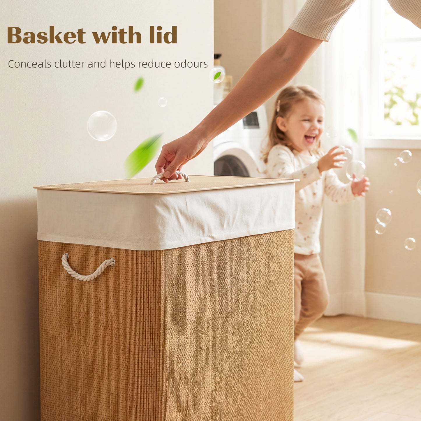 2 Section Laundry Basket with Lid, 100L Bamboo Laundry Hamper with Handles, Removable and Washable Liner, Brown