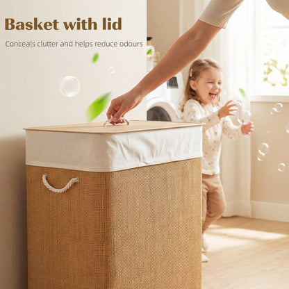 2 Section Laundry Basket with Lid, 100L Bamboo Laundry Hamper with Handles, Removable and Washable Liner, Brown