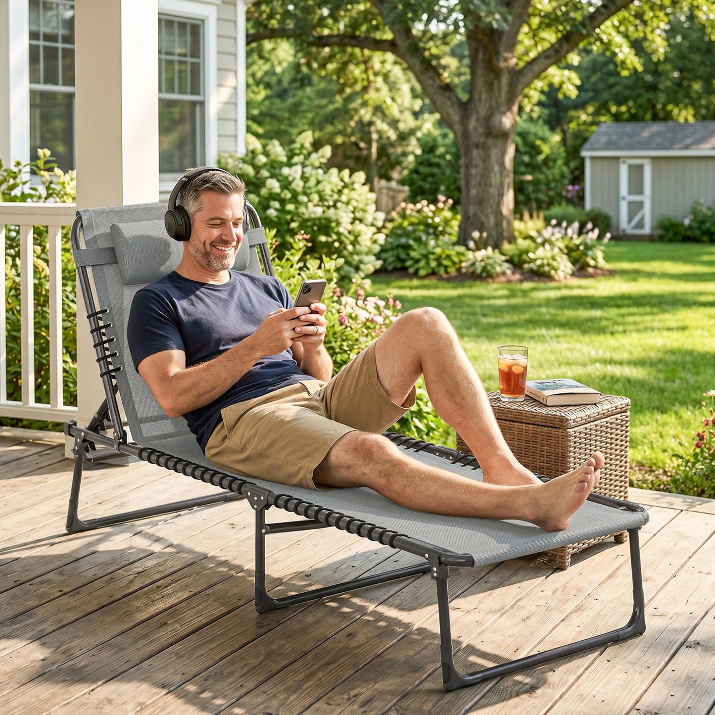 Folding Sun Lounger, with Four-Position Back - Light Grey