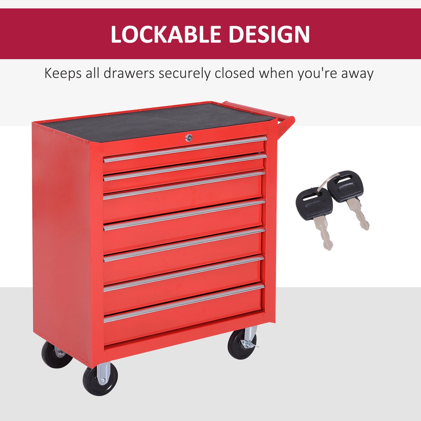 7-Drawer Tool Box on Wheels Tool Cabinet 150 Load with Lockable Swivel Castors, Red