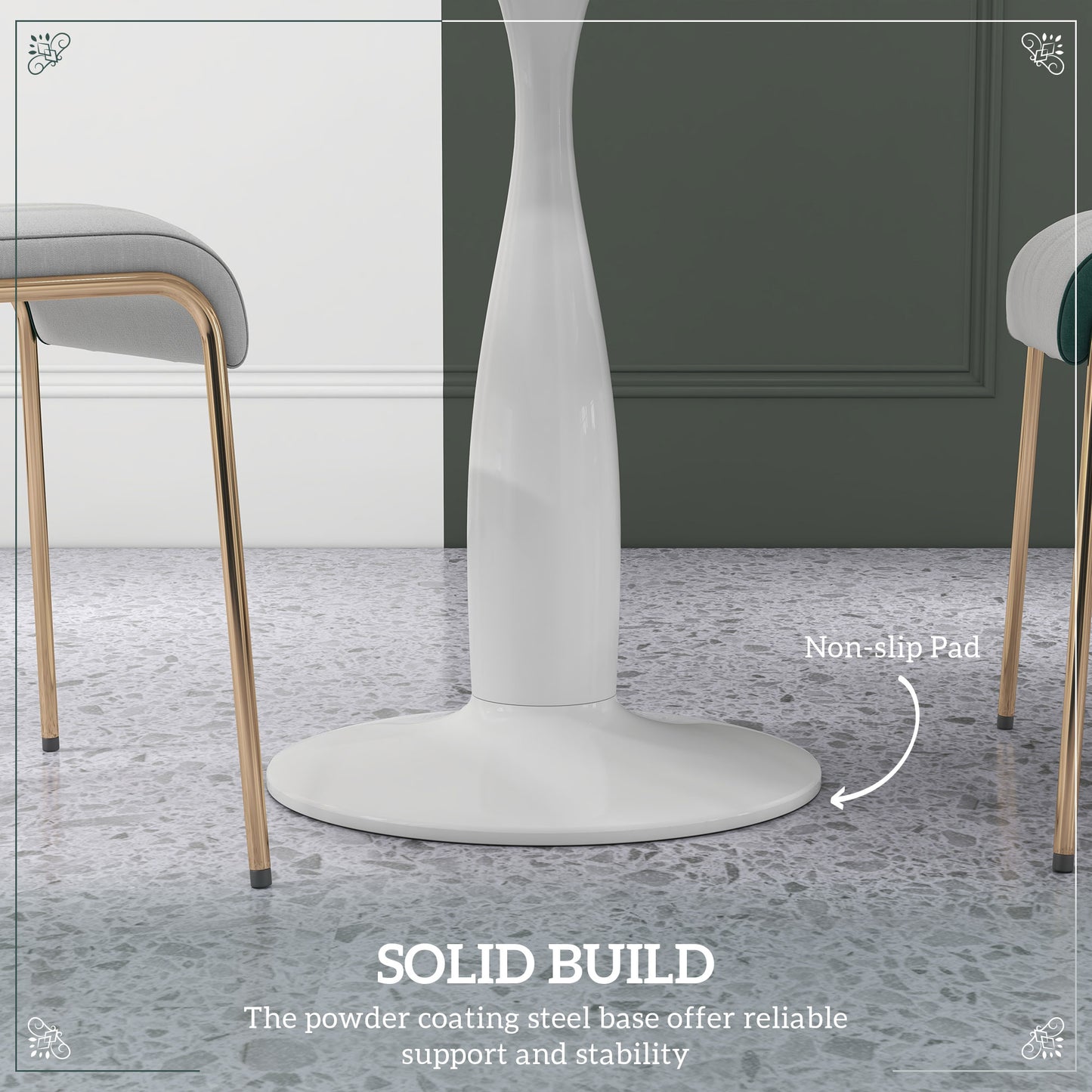 Small 2-Person Dining Table, Elegant Design Table with Steel Base and Non-slip Foot Pad, White and Grey
