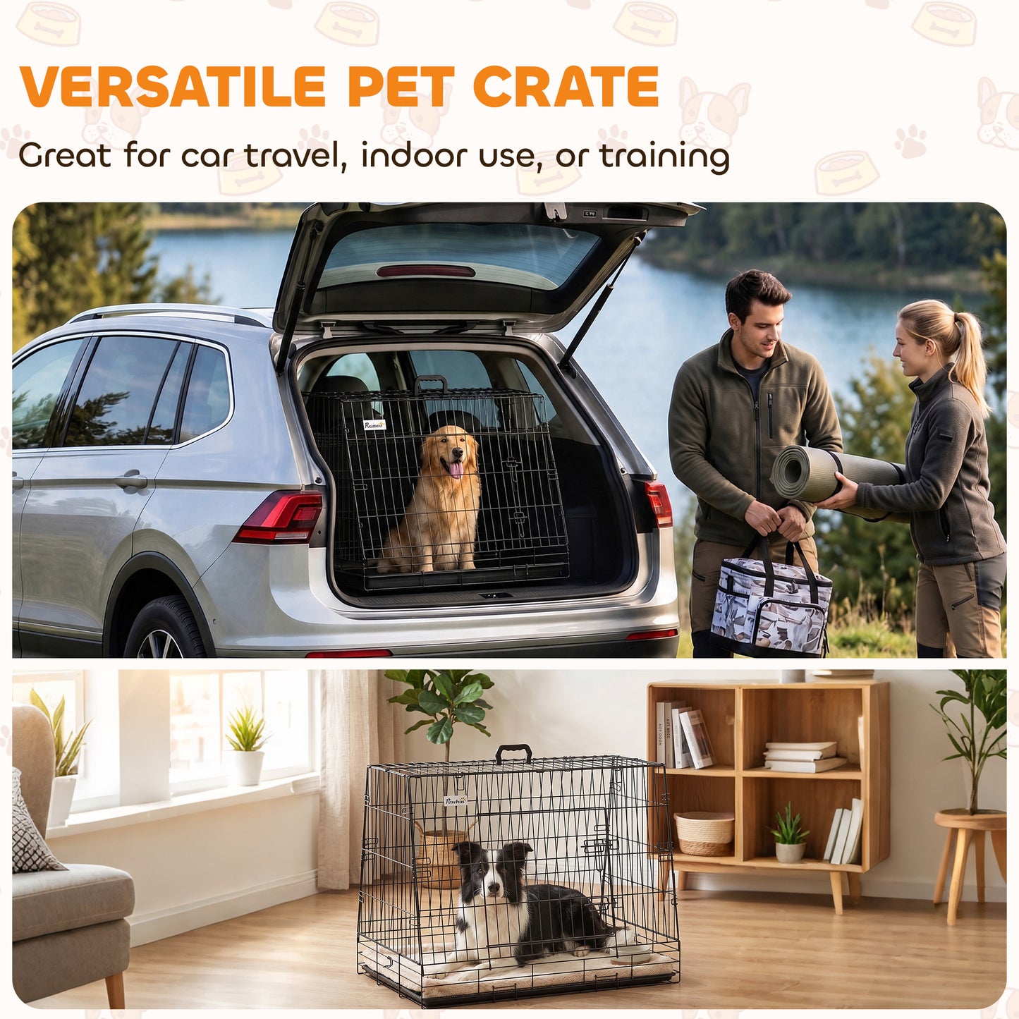 35"(90 cm) Car Dog Crate Medium Large Collapsible Slanted Travel Dog Cage with Tray for Car Boot