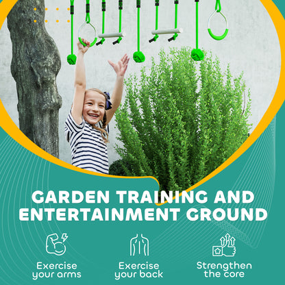 7-Piece Kids Zip Line Kit for Garden, 10m Kids Slackline Kit with Wooden Monkey Bars, Metal Rings, Gripping Balls, Green