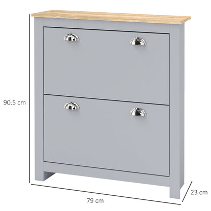 2 Drawer Shoe Cabinet Modern Narrow Shoe Cupboard Hallway Wooden Storage Organiser with Flip Doors Adjustable Shelf for 6-12