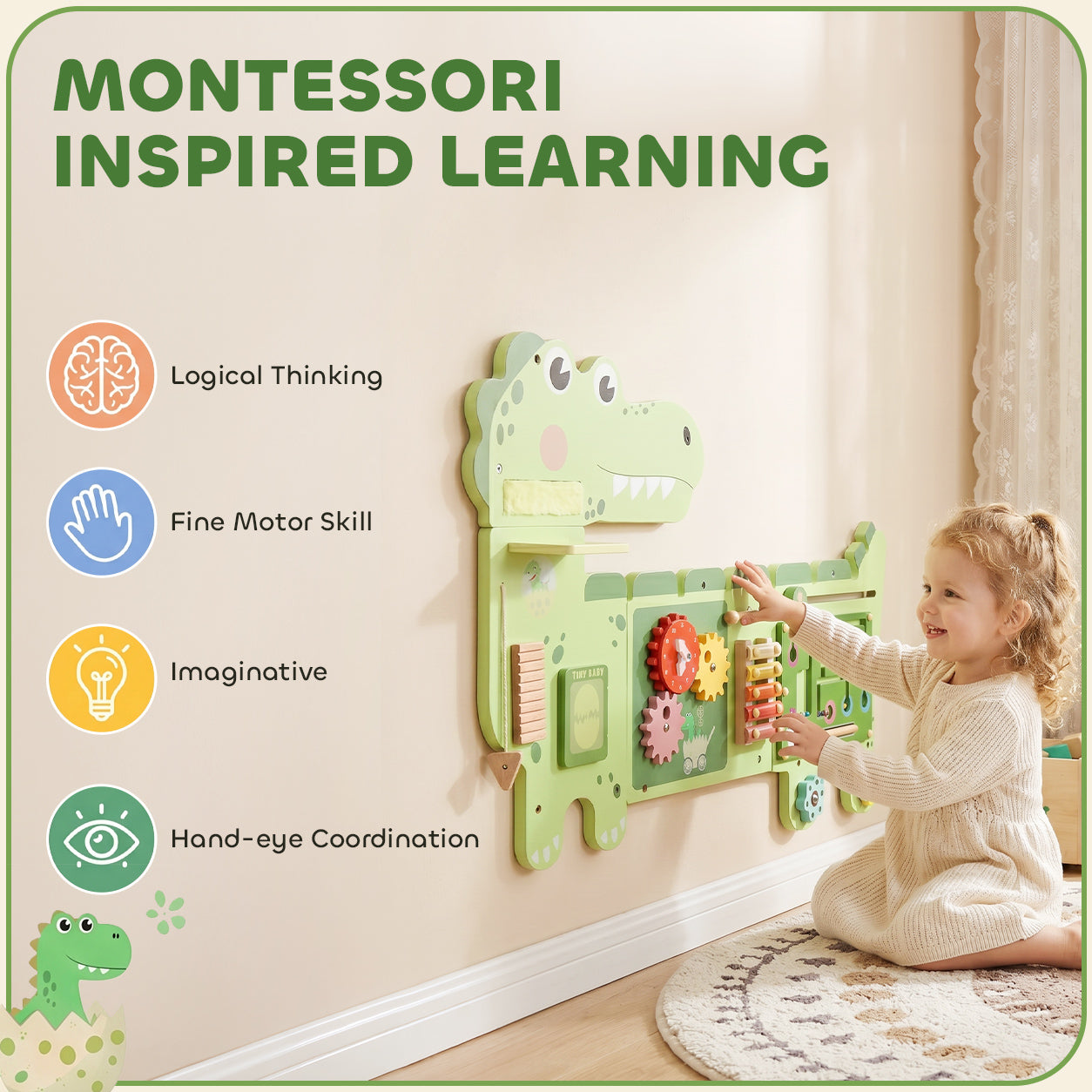 Busy Board Panels, Wall Mounted Montessori Inspired Busy Board, Toddler Learning Centre Dinosaur Theme, Green