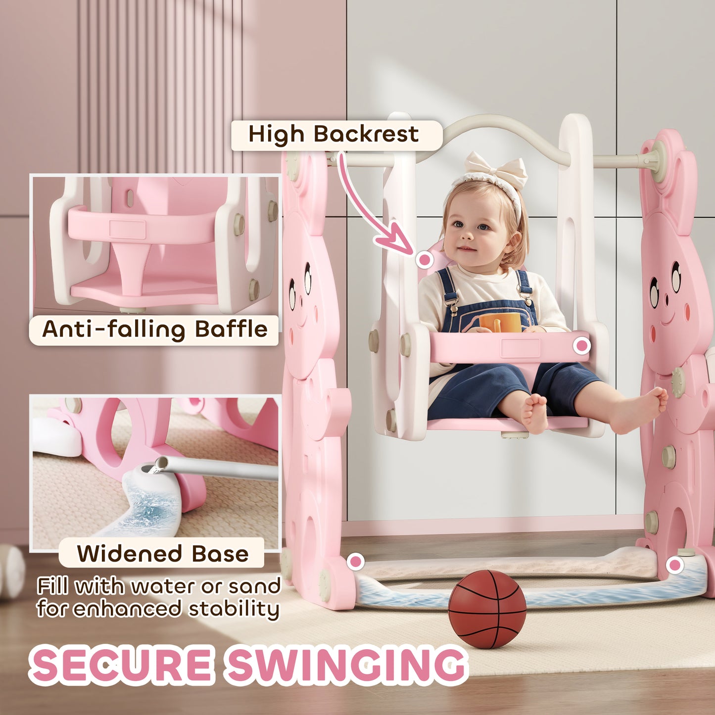 4 in 1 Kids Slide and Swing Set with Climber, Basketball Hoop, Rabbit-Themed, Pink