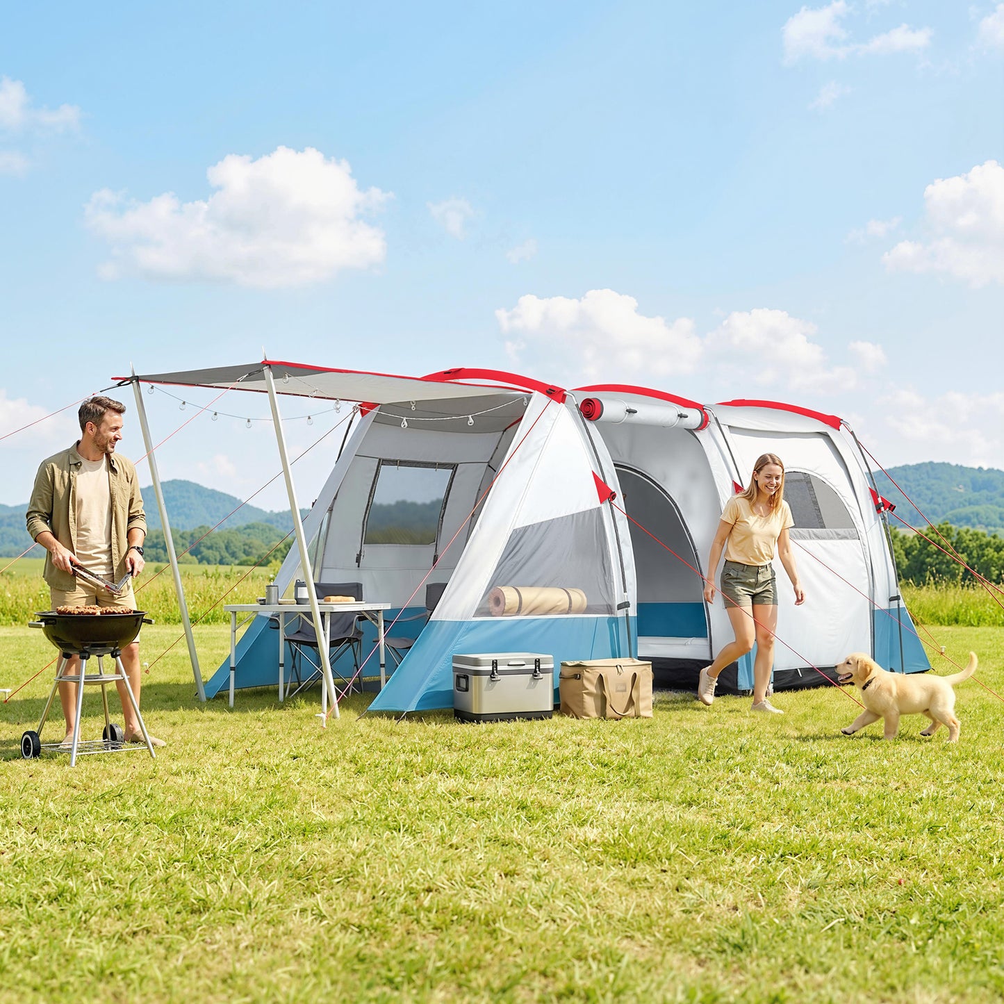 3 Person Tunnel Tent, Large Camping Tent with Bedroom, Living Room, Sewn-in Floor, 3 Doors, Carry Bag, 2000mm for Fishing