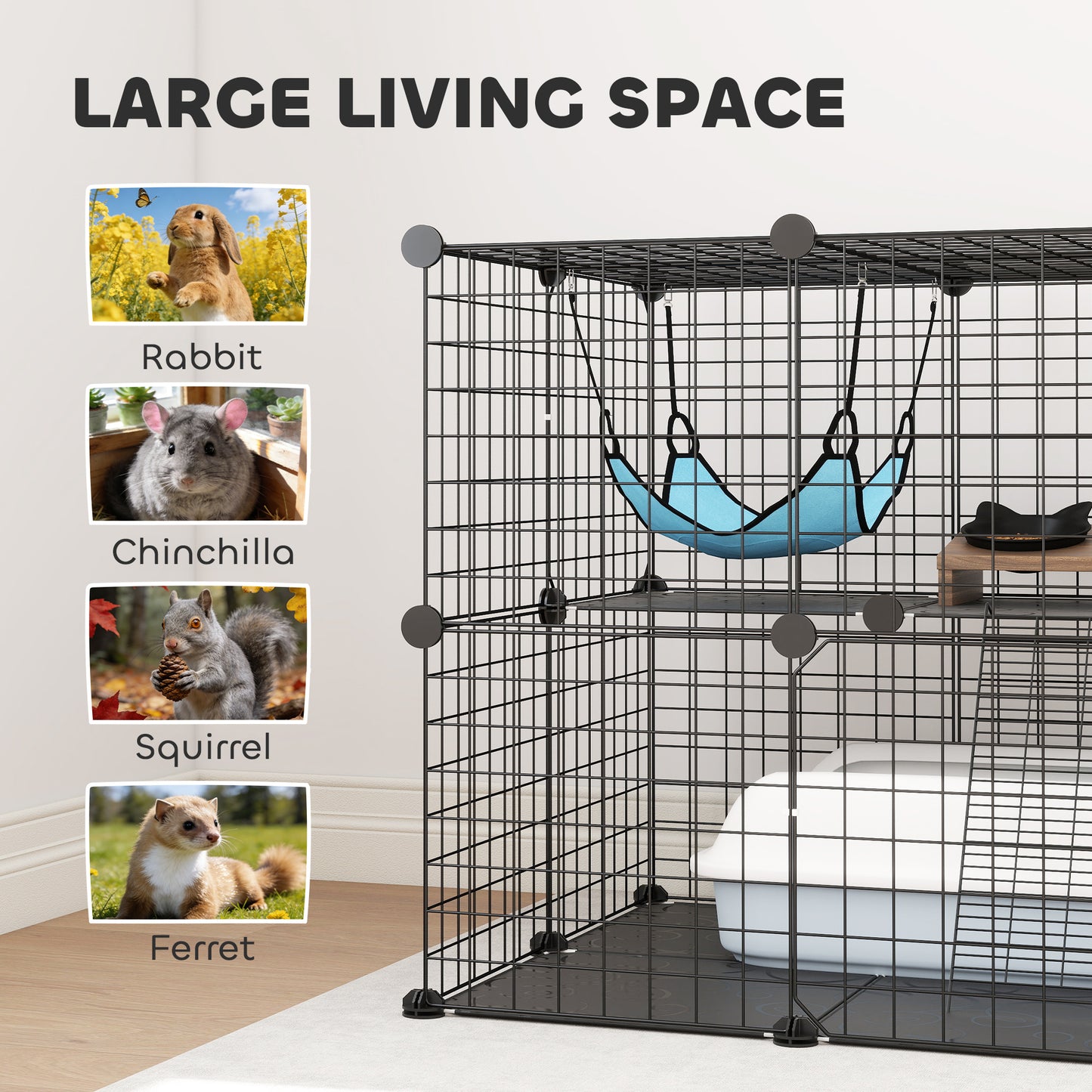 Indoor Cat Cage DIY Customizable 2-Tier Indoor Cat Enclosure with 2 Doors and Hammock 70 cm Black
