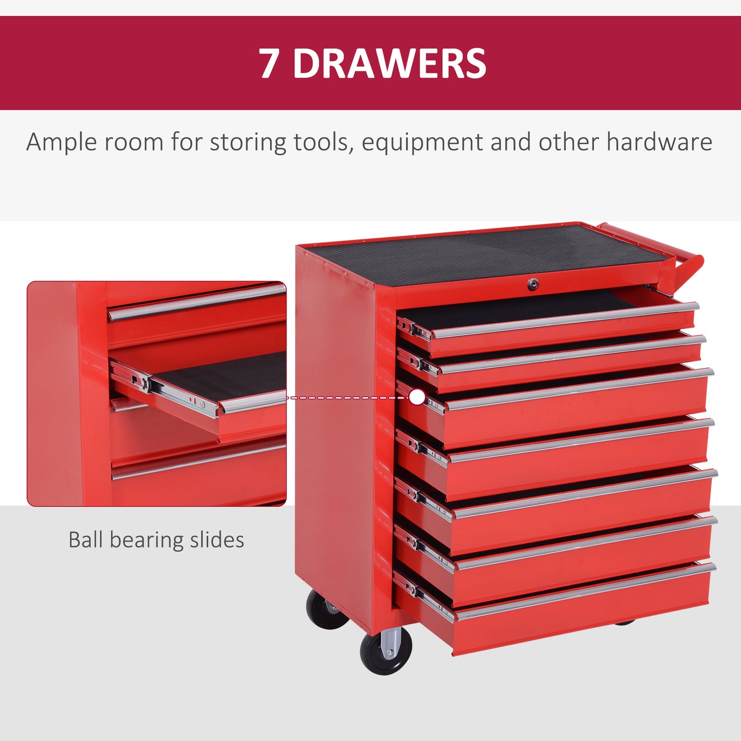 7-Drawer Tool Box on Wheels Tool Cabinet 150 Load with Lockable Swivel Castors, Red