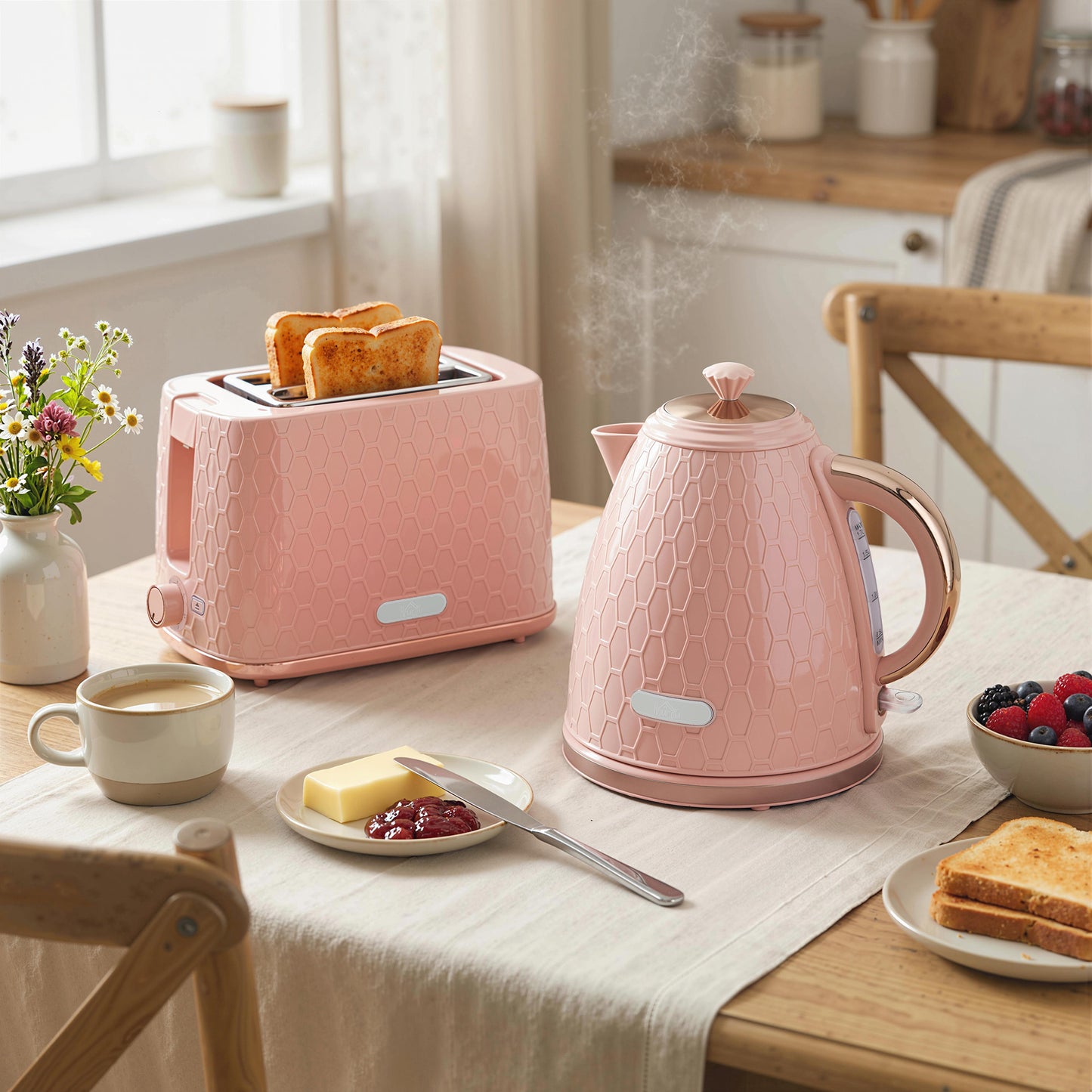 1.7L 3000W Fast Boil Kettle & 2 Slice Toaster Set, Kettle and Toaster Set with Auto Shut Off, Browning Controls, Light Pink