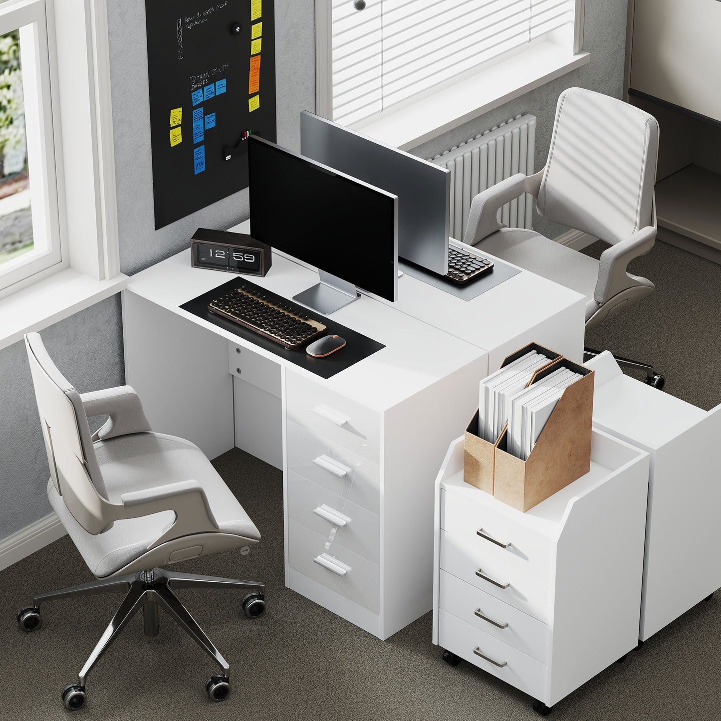 Computer Desk with Drawers, Dressing Table, High Gloss Home Office Writing Workstation, White