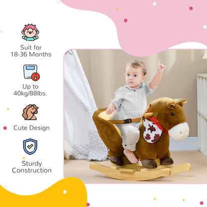 Kids Rocking Horse, with Secure Harness, Sounds, Foot Pedals - Brown