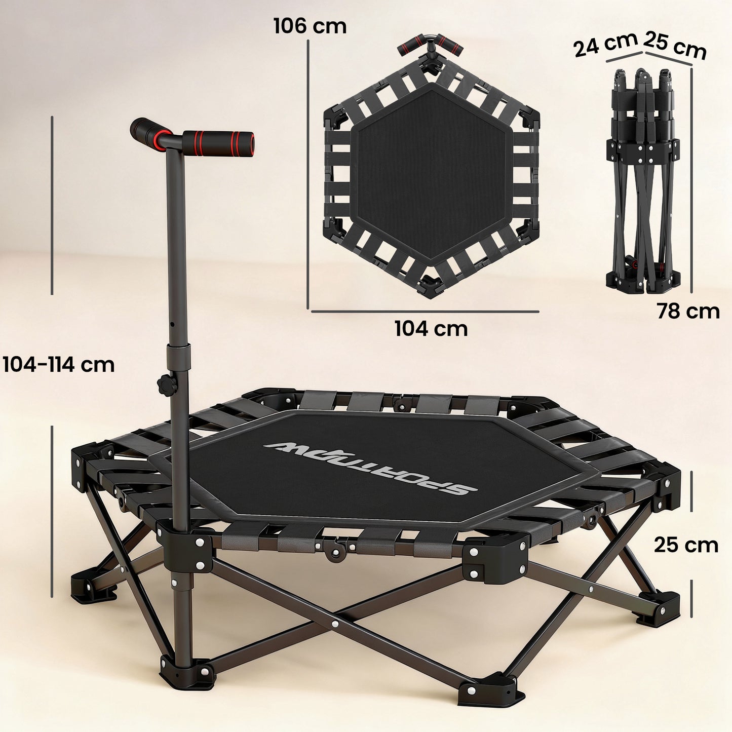42" Foldable Mini Trampoline, One-Step Fold & Open, Rebounder Trampoline with 3-Level Adjustable Handle for Adults