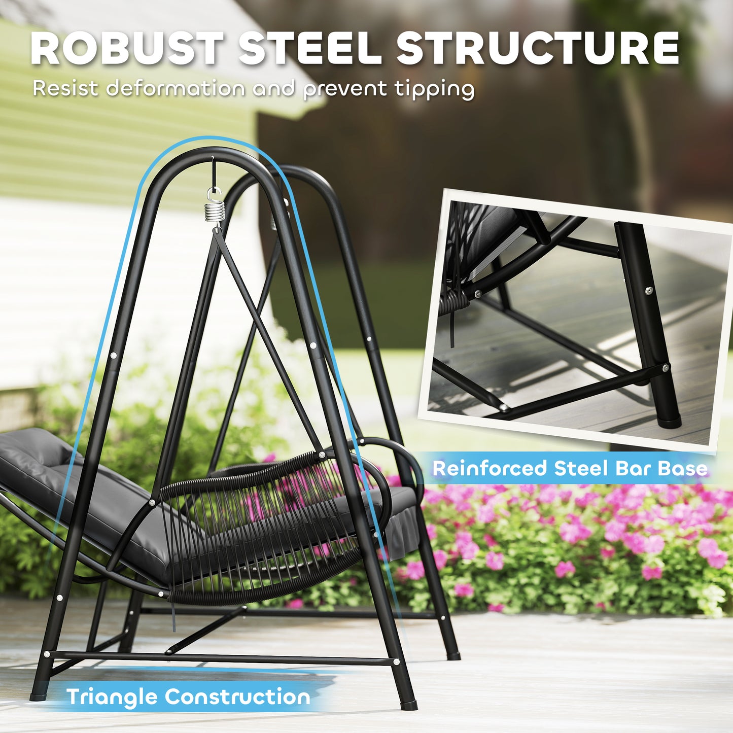 Rattan Swing Chair, Outdoor Garden Hanging Swing Seat with Stand and Seat Cushion, Porch Hanging Chair for Balcony, Garden