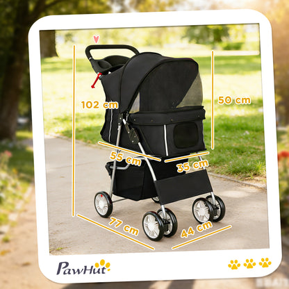 Dog Pram, Pet Stroller with Reflective Strips, Foldable Cat Stroller with 360° Swivel Wheels, Black