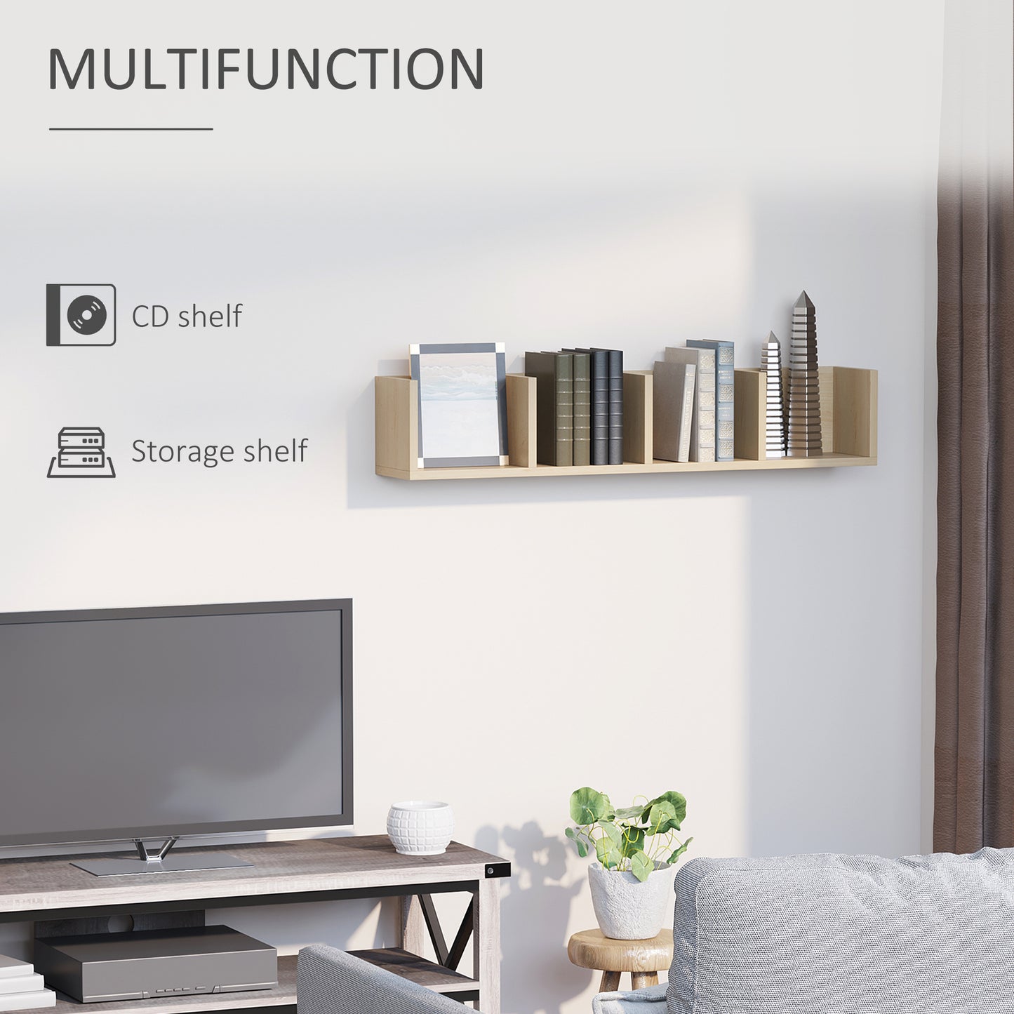 Wall Mount 84 CD / 56 DVD/Blu-ray/ Media Storage Rack 4 Cubes Wooden Shelf Organizer Unit Bookcase Display, Natural