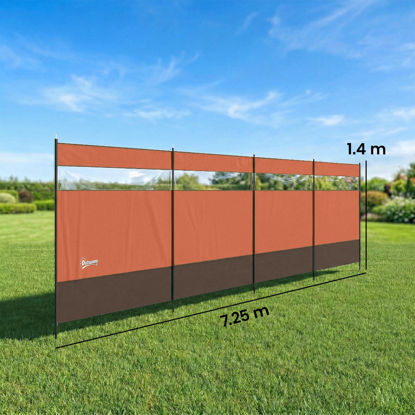 Camping Windbreaker with Clear Windows, Carry Bag and Steel Poles, for Beach Caravan Campervan, 725 x 140cm, Orange