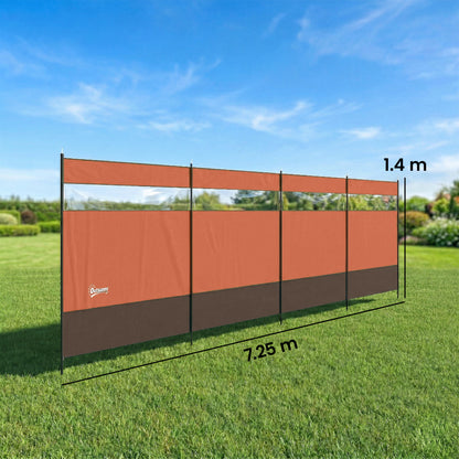 Camping Windbreaker with Clear Windows, Carry Bag and Steel Poles, for Beach Caravan Campervan, 725 x 140cm, Orange