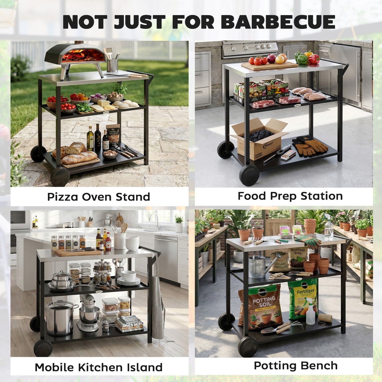 Outdoor Grill Cart with Stainless Steel Tabletop for Kitchen Prep, Two-Tier Pizza Oven Stand on Wheels, Black