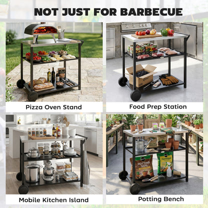 Outdoor Grill Cart with Stainless Steel Tabletop for Kitchen Prep, Two-Tier Pizza Oven Stand on Wheels, Black
