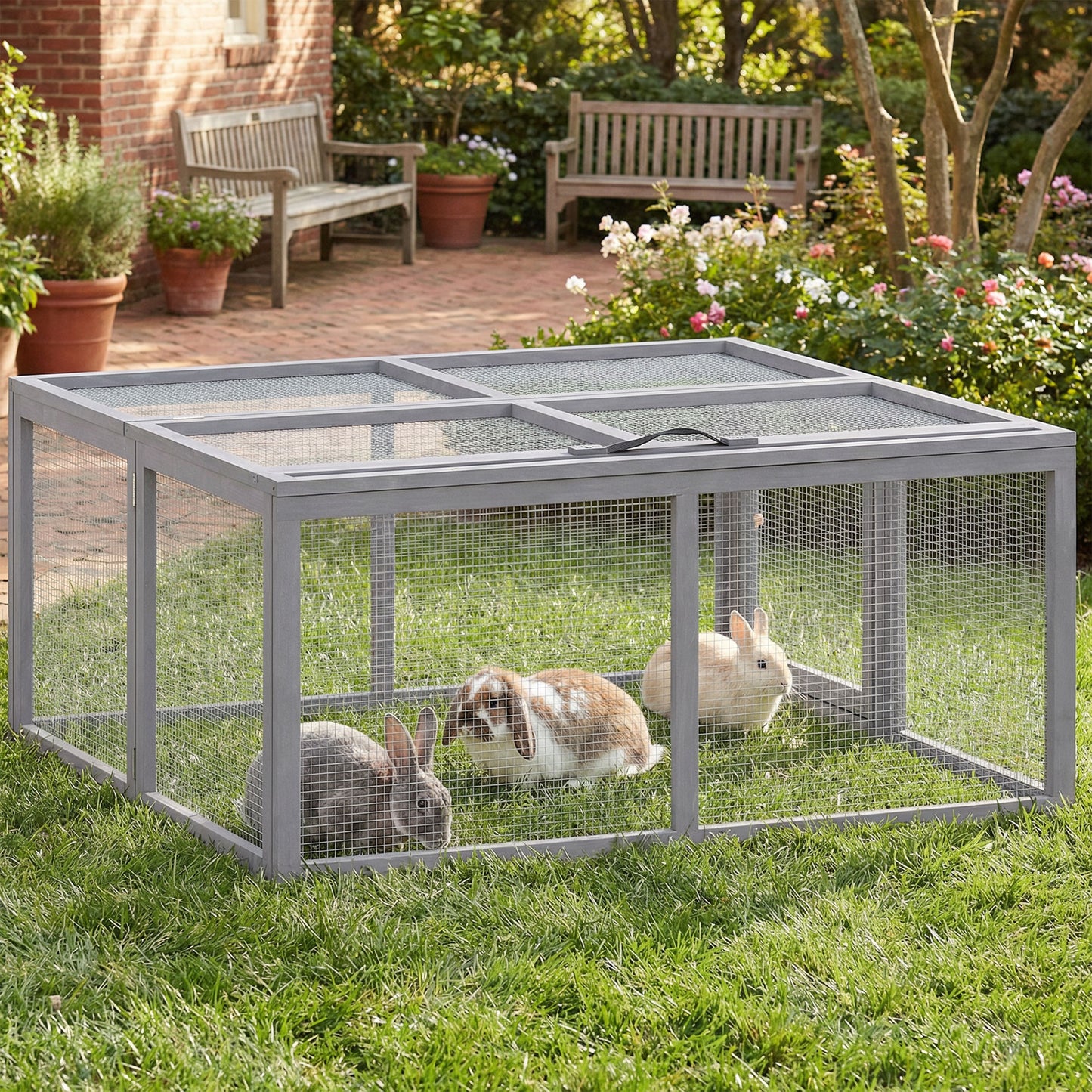 Rabbit Hutch Outdoor, Foldable Guinea Pig House with Openable Top, for 3 Bunnies, Ducks, Chickens, 110 x 105 x 50 cm