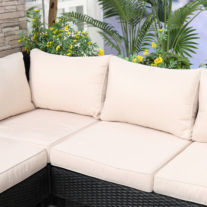 5-Seater Rattan Garden Furniture Outdoor Sectional Corner Sofa with Armrest and Cushions, Black