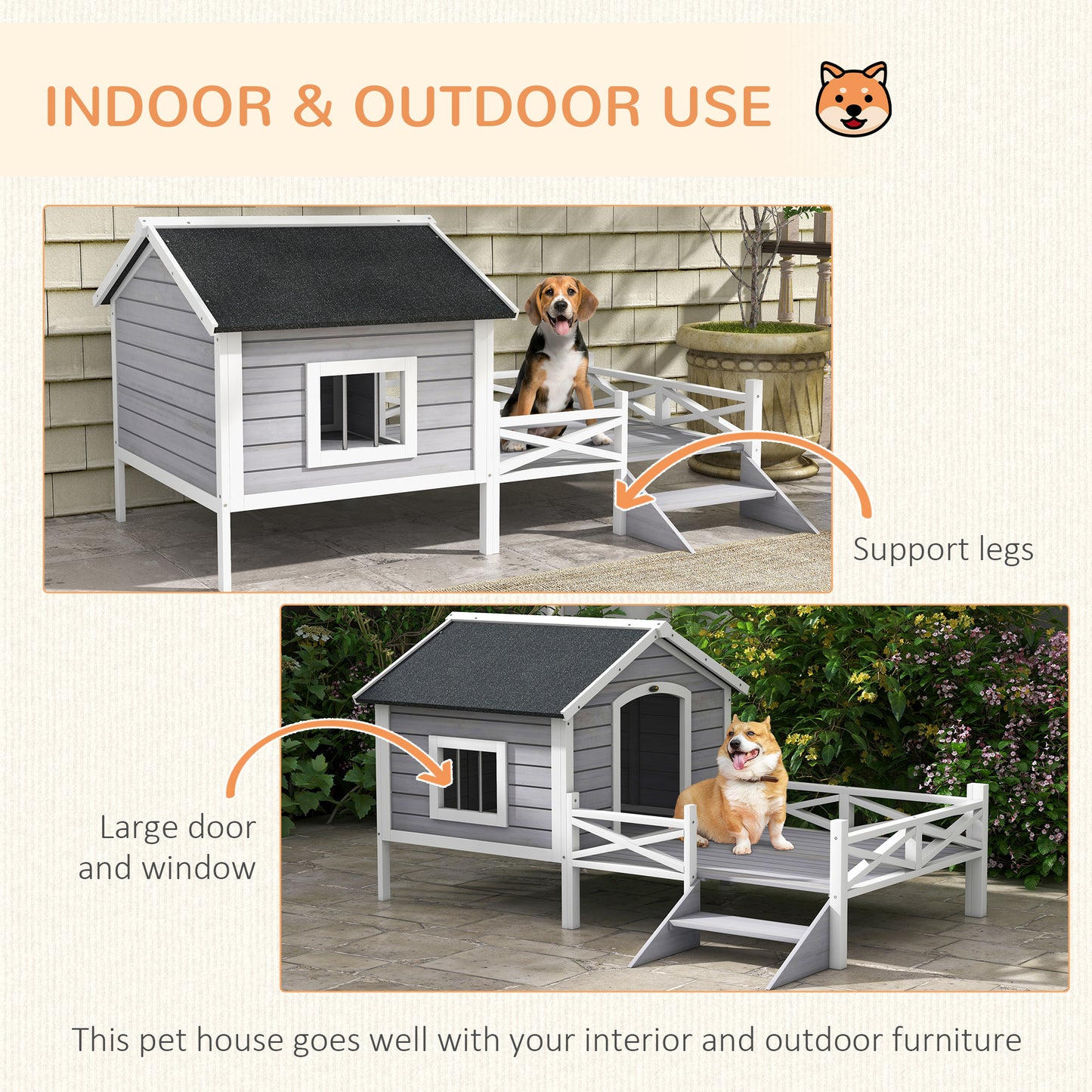 Small/Medium Dog House with Porch, Grey