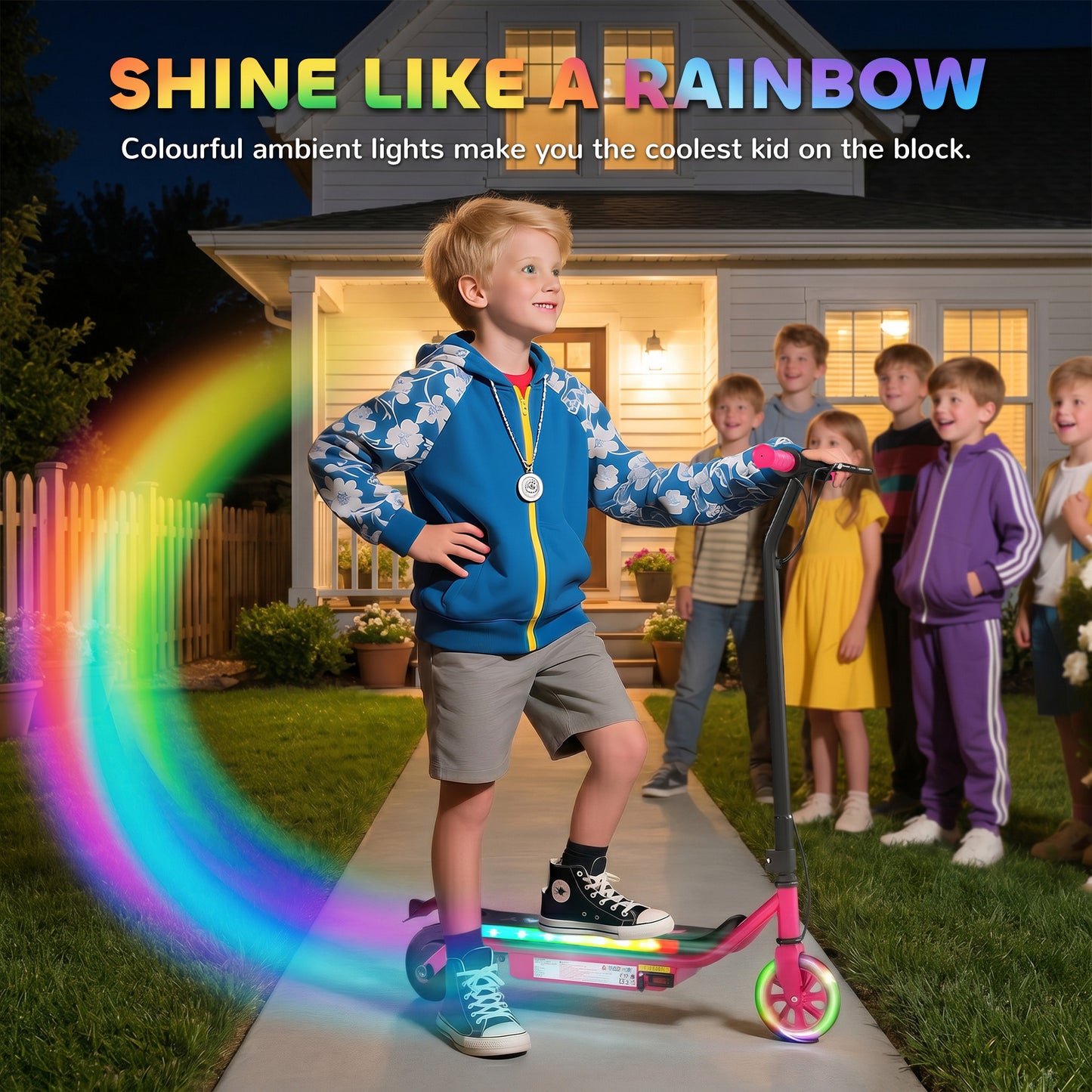 Electric Scooter for Kids Aged 6-14 Years, with Colourful Lights, Pink