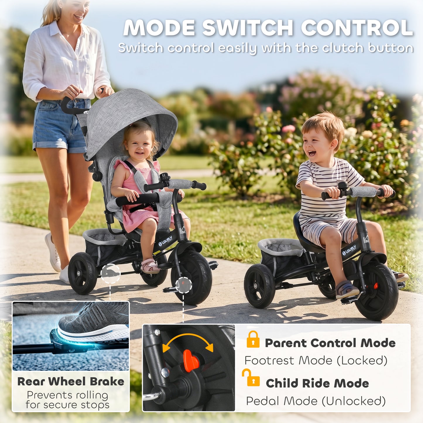6 in 1 Kids Trike with Parent Handle, Canopy, 5-point Seat Belt, Storage, Footrest, Brake, for 1-5 Years, Grey