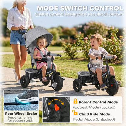 6 in 1 Kids Trike with Parent Handle, Canopy, 5-point Seat Belt, Storage, Footrest, Brake, for 1-5 Years, Grey