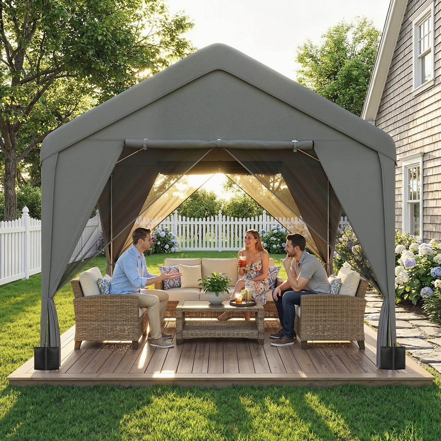 3 x 3 m Patio Gazebo with Netting & Curtains, Outdoor Canopy Shelter with Galvanised Steel Frame, Dark Grey