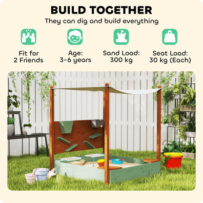 Wood Sandpit with Canopy, Storage Bins, Funnel, Liner, Chutes, Bucket with Tap, 116 x 112.5 x 128 cm, Green
