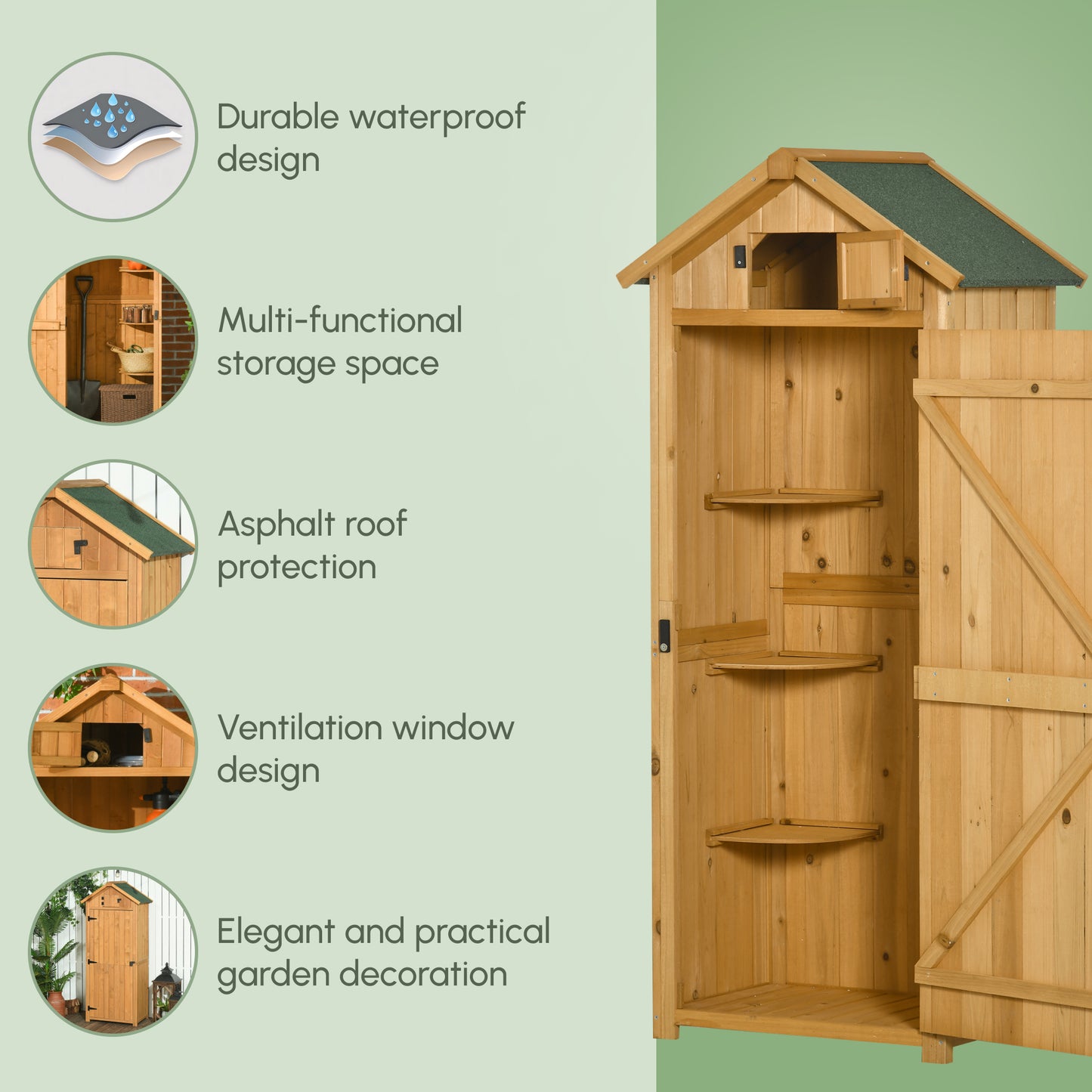 Garden Shed Wood Outdoor Garden Tool Storage Unit with 3 Detachable Shelves, 77 x 54.2 x 179cm, Brown