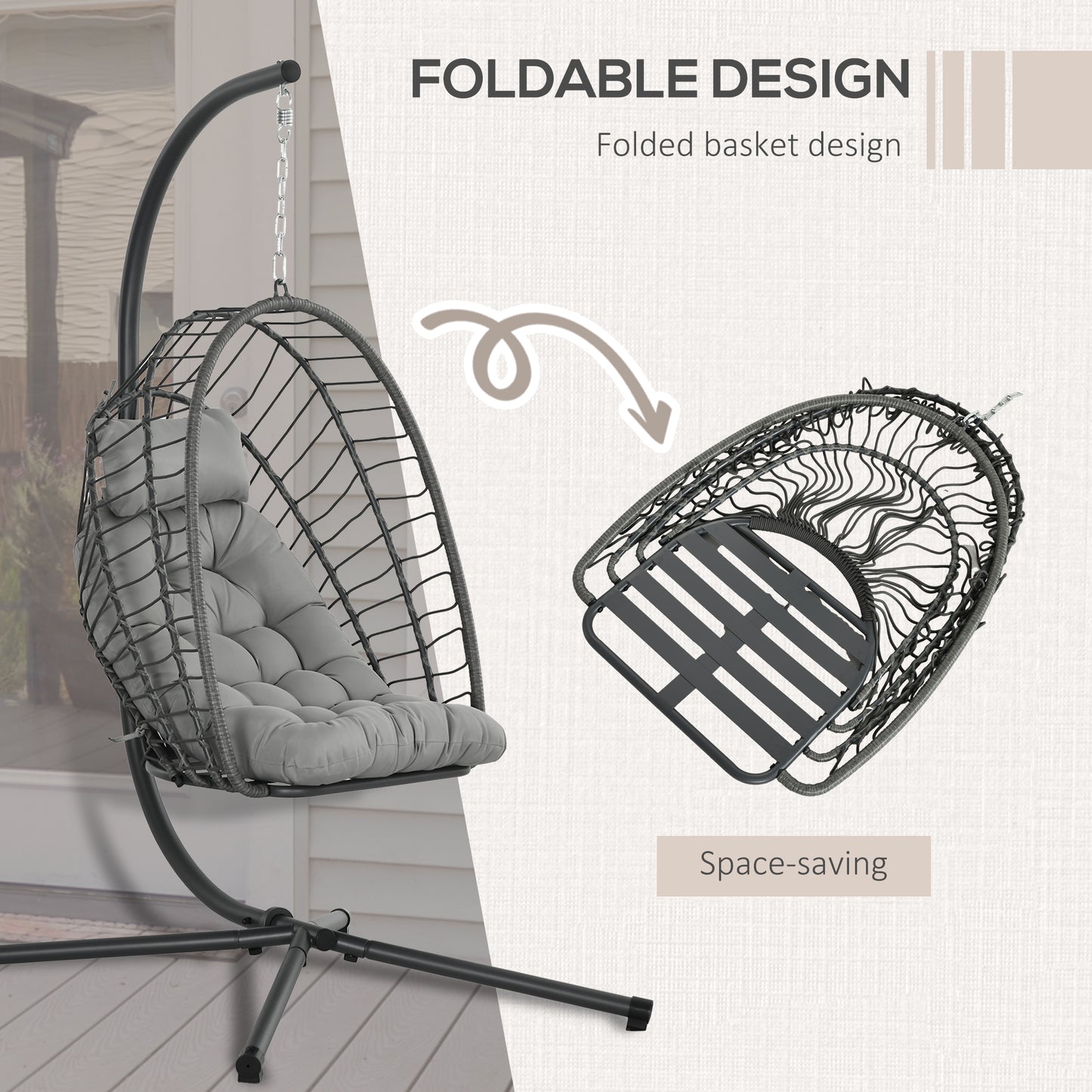 Outdoor PE Rattan Swing Chair with Foldable Basket and Cushion, Garden Patio Hanging Egg Chair with Metal Stand
