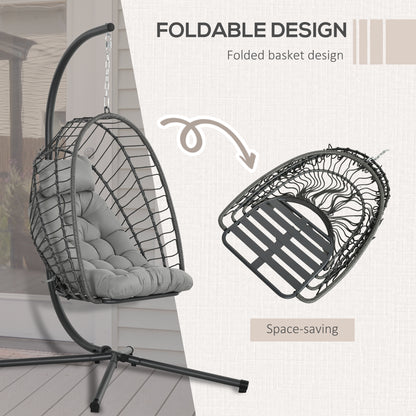 Outdoor PE Rattan Swing Chair with Foldable Basket and Cushion, Garden Patio Hanging Egg Chair with Metal Stand