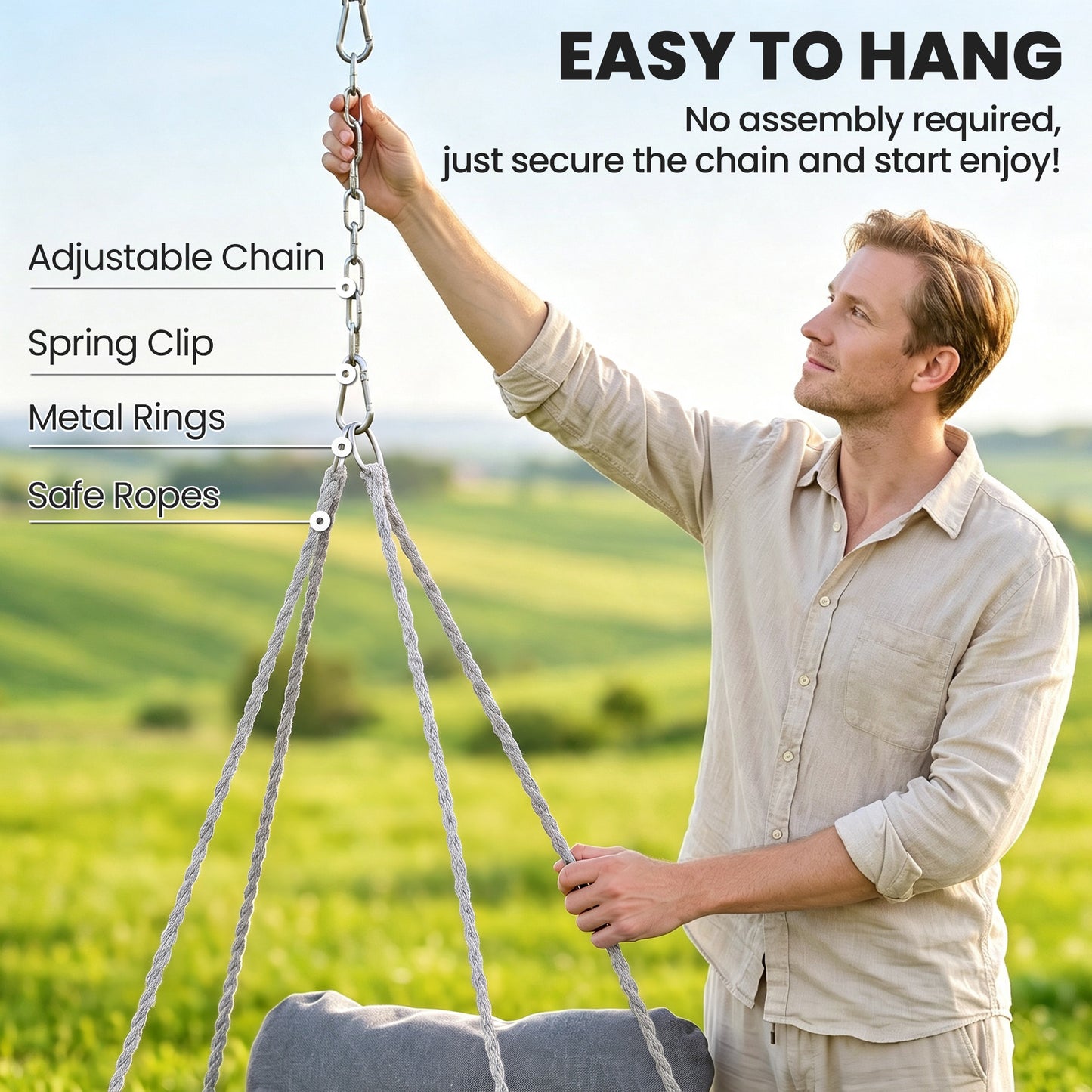 Hanging Chair Outdoor Hammock Chair with Soft Cushion, Cotton Rope Boho Style Swing Chair