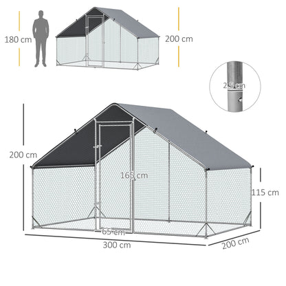 Chicken Run Galvanised 3 x 2 x 2m Walk-in Chicken Coop Hen Poultry House Cage with Water-Resist Cover, Silver