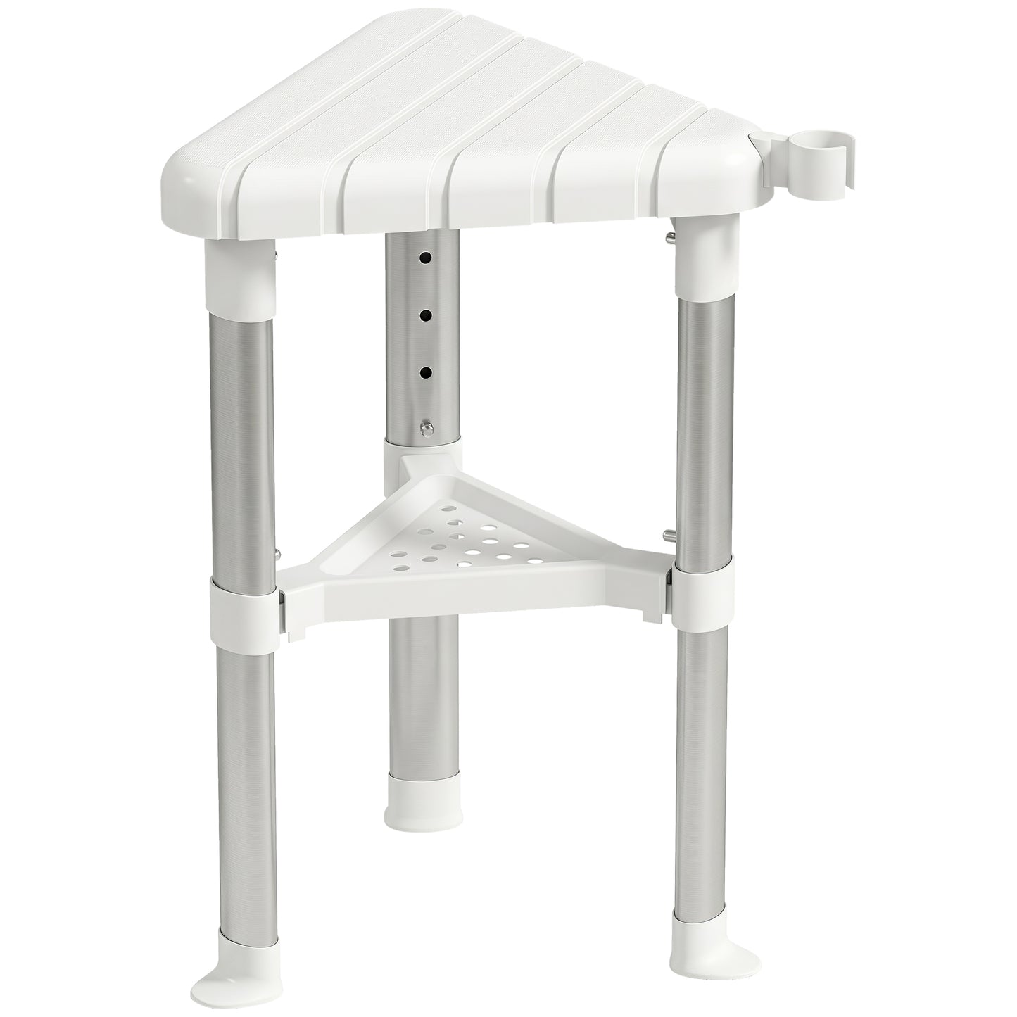 Shower Stool, Aluminium Alloy Corner Shower Chair with Storage Shelf and HDPE Seat, Adjustable Height, White