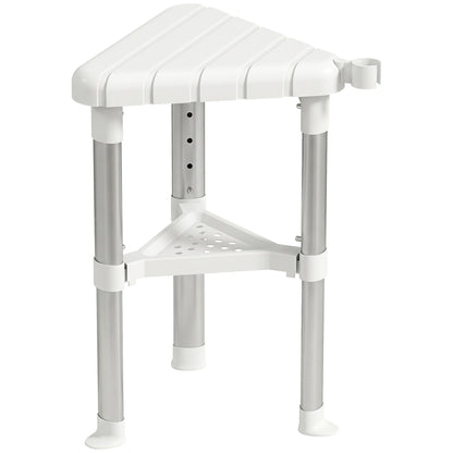 Shower Stool, Aluminium Alloy Corner Shower Chair with Storage Shelf and HDPE Seat, Adjustable Height, White