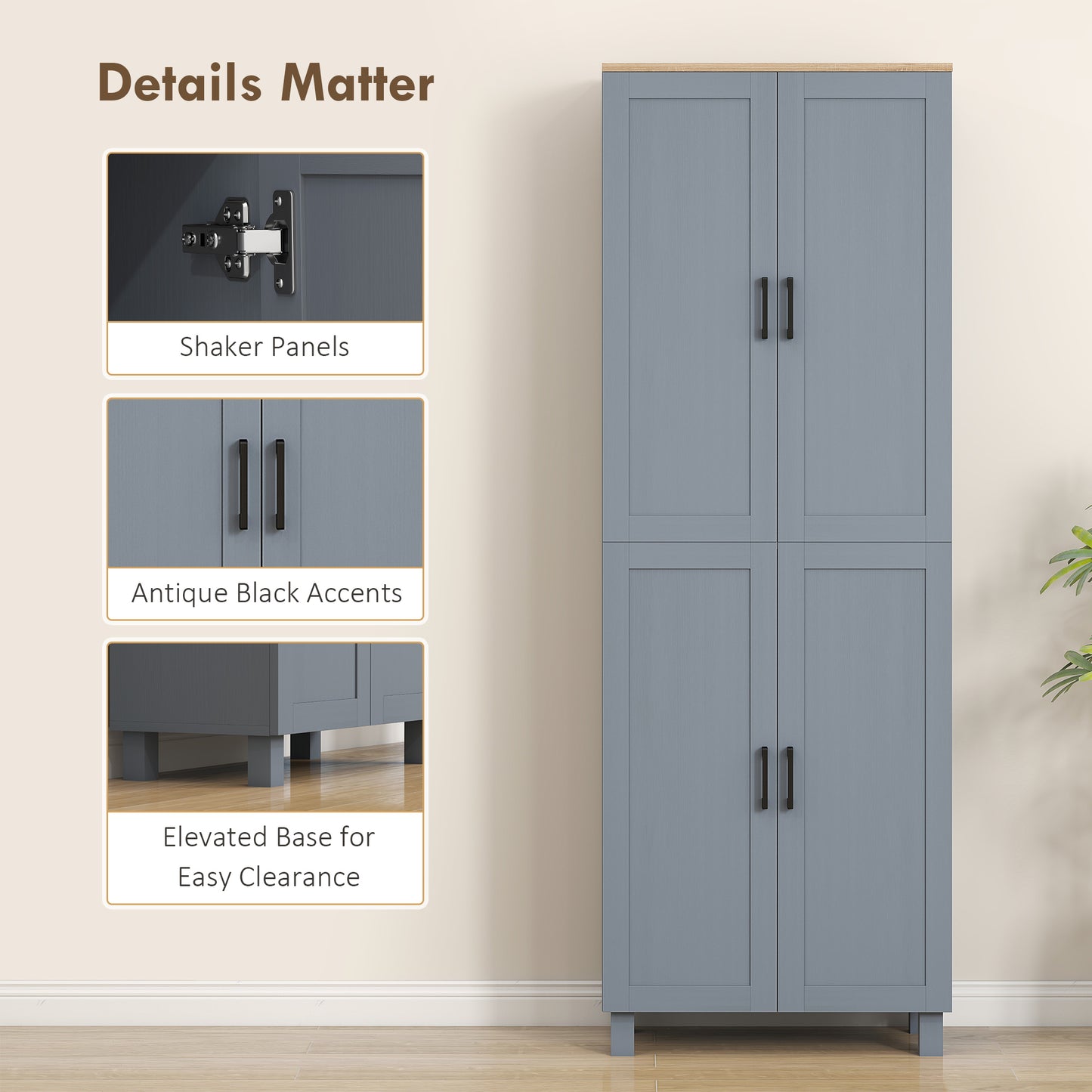 Freestanding Kitchen Cupboard, 4-Door Storage Cabinet with Adjustable Shelves, Modern Kitchen Pantry, 170cm, Grey