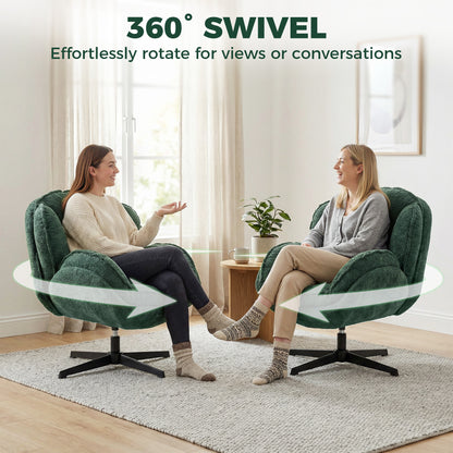 Modern Wingback Accent Chair, Velvet Armchair with Four-Star Base, S-Springs, Swivel, Dark Green