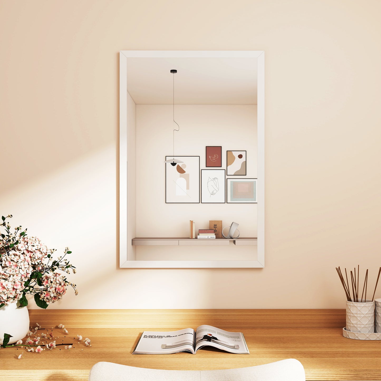 Wall Bathroom Mirror, 60 x 40 cm Wall-Mounted Mirror for Living Room, Bedroom, Hallway, White