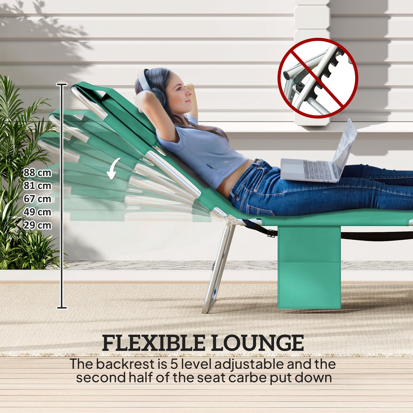 5-Position Adjustable Sun Loungers Set of 2 with Reading Hole and Side Pocket, Green