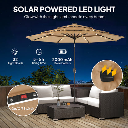 2.8 m Garden Parasol Umbrella with LED Solar Light, Parasol Cover, 3 Tier Outdoor Table Market Patio Umbrella, Khaki