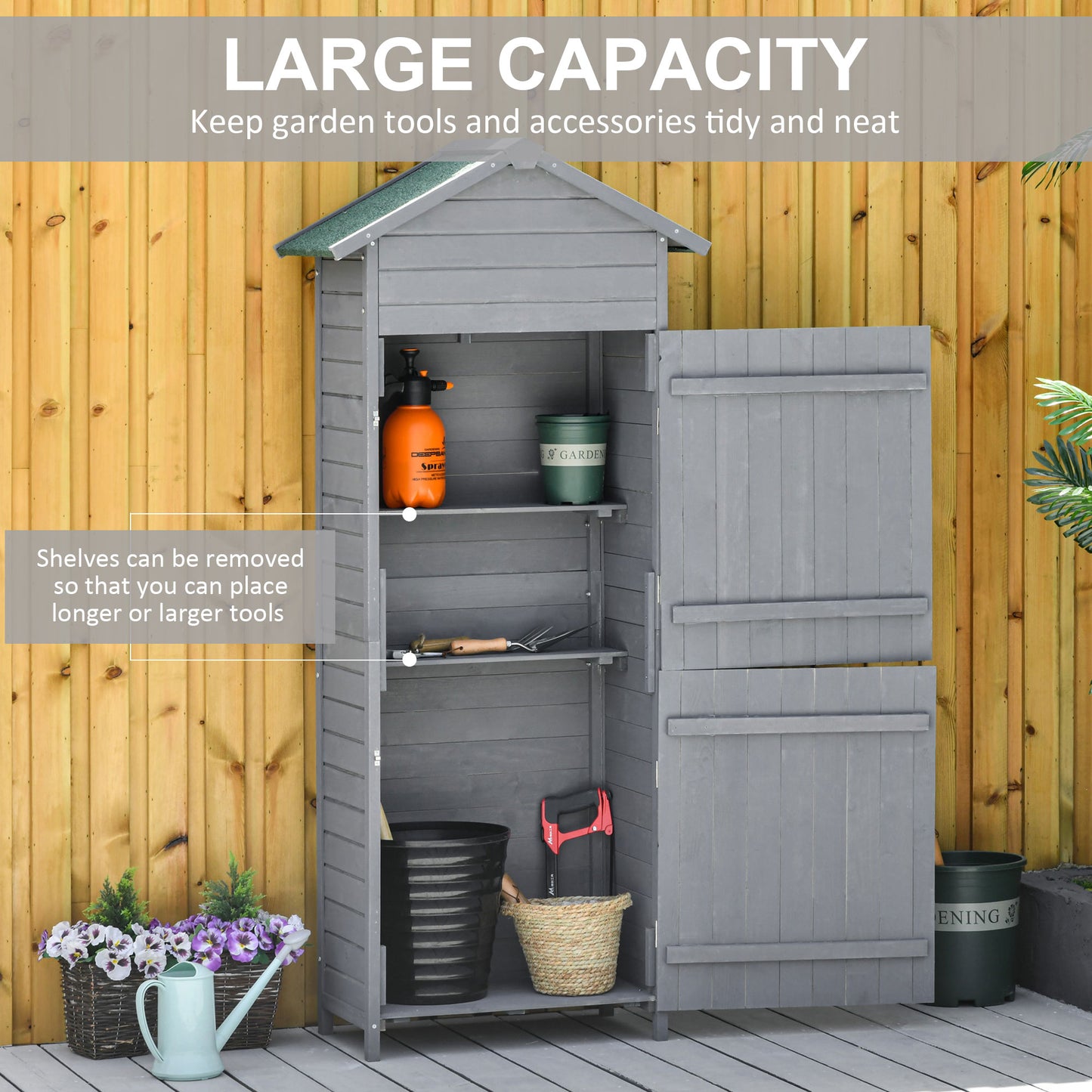 Wooden Garden Storage Shed Utility Gardener Cabinet w/ 3 Shelves, Tilted-felt Roof and Two Lockable Doors