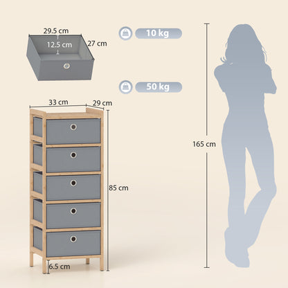 Chest of Drawers, 5 Fabric Drawers Narrow Dresser with Bamboo Frame, Light Grey